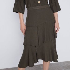 Zara Army Green Linen Ruffle Midi Skirt